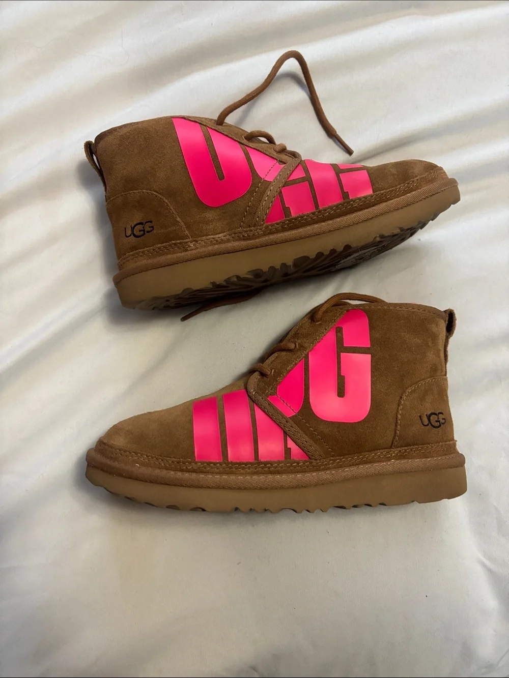 UGG Kids Brown Suede Boots with Bright Pink Logo Panels